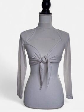 Women's White Tie-Front Long Sleeve Top